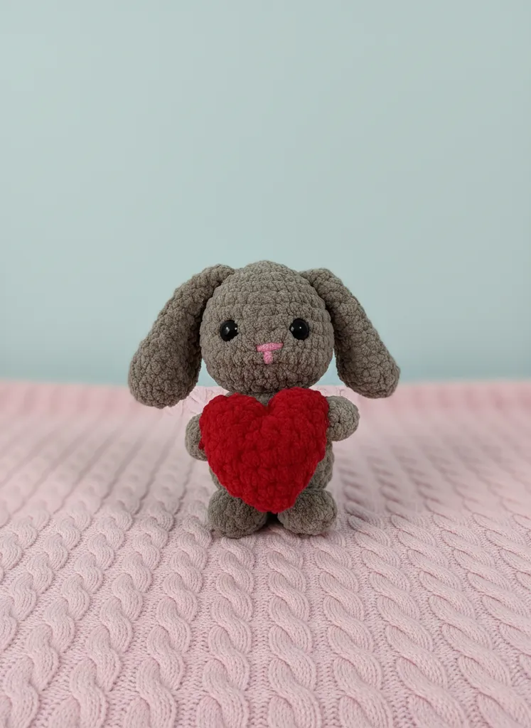 Gri Renkli Kalpli Örgü Oyuncak Tavşan - 15 cm - El Emeği