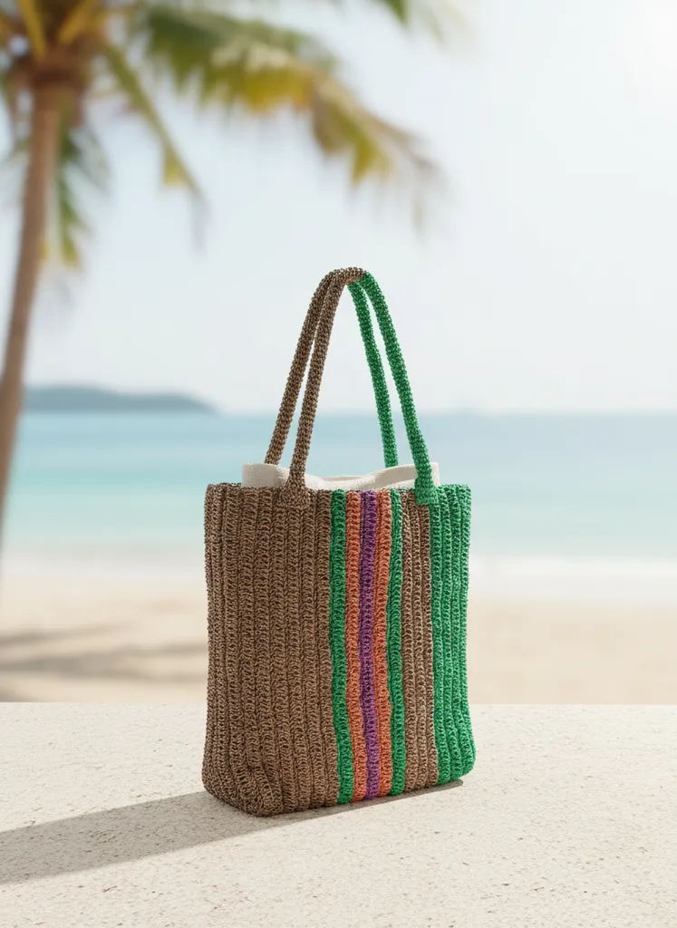 Renkli Şerit Detaylı İtal Kağıt İpten Örme Plaj Çantası - El Emeği