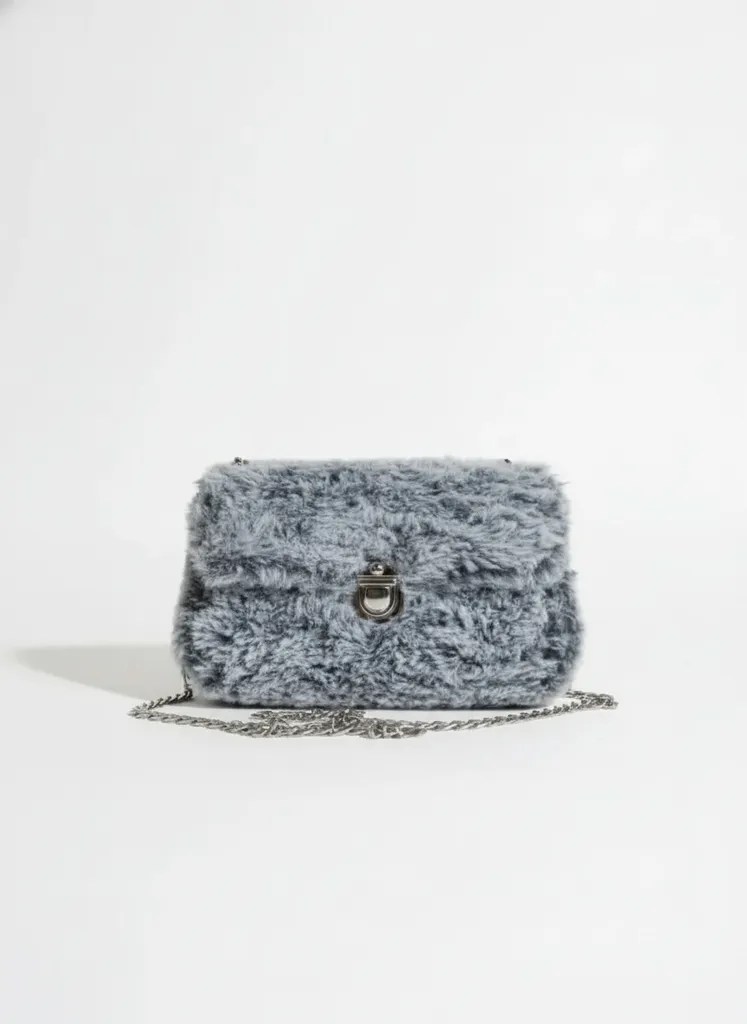 Gri Fox Fur Luxe Kürk Çanta - Kişiselleştirilebilir Metal Zincirli