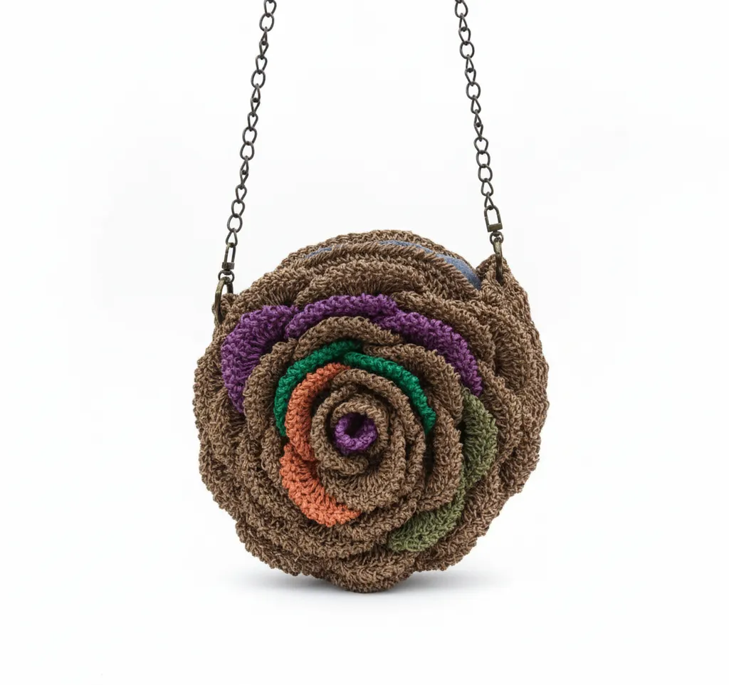 Kahverengi Kağıt İpten Örme Gül Motifli Omuz Çantası - El Emeği