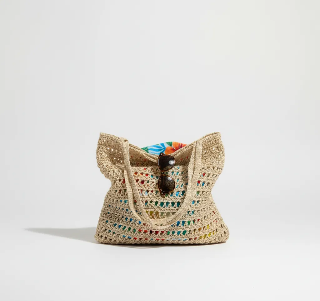 Tığ İşi Saman Rengi Büyük Boy Plaj Çantası - El Emeği