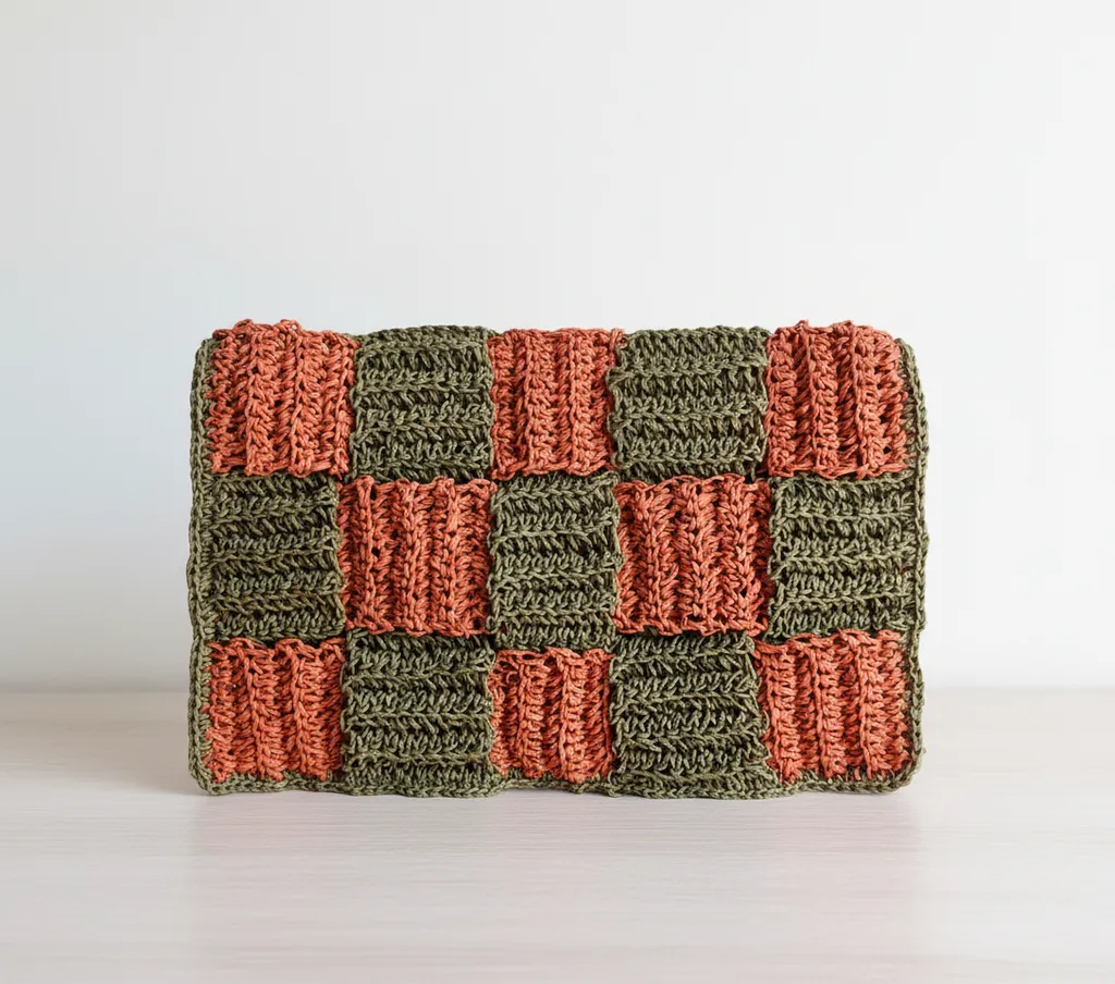 Yeşil ve Turuncu Kağıt İpten Sepet Desenli El Örgüsü Clutch Çanta