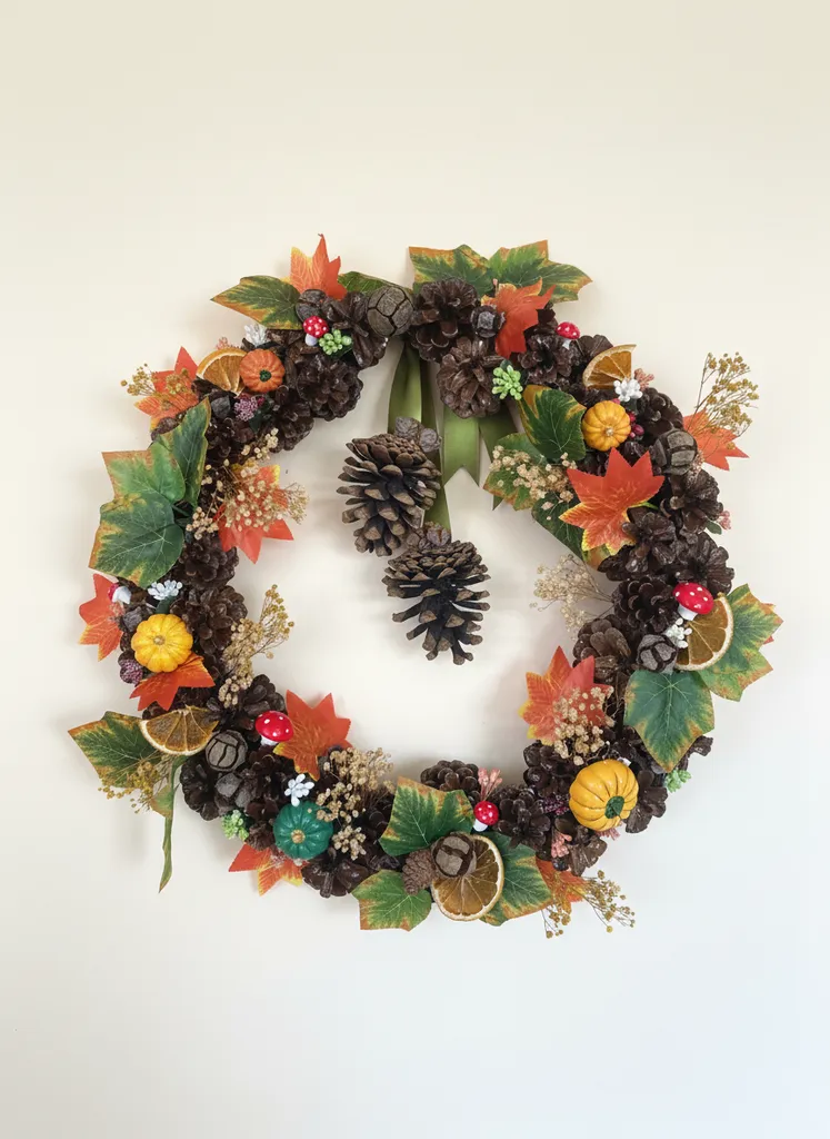 Çam Kozalaklı ve Balkabaklı Sonbahar Temalı Büyük Kapı Süsü 45 cm