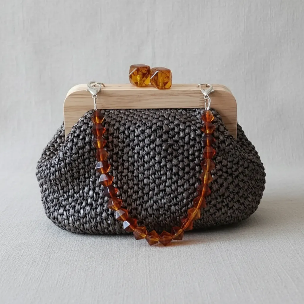 Hasır Örgü Model Omuz Çantası - Ahşap Burslu ve Akrilik Saplı
