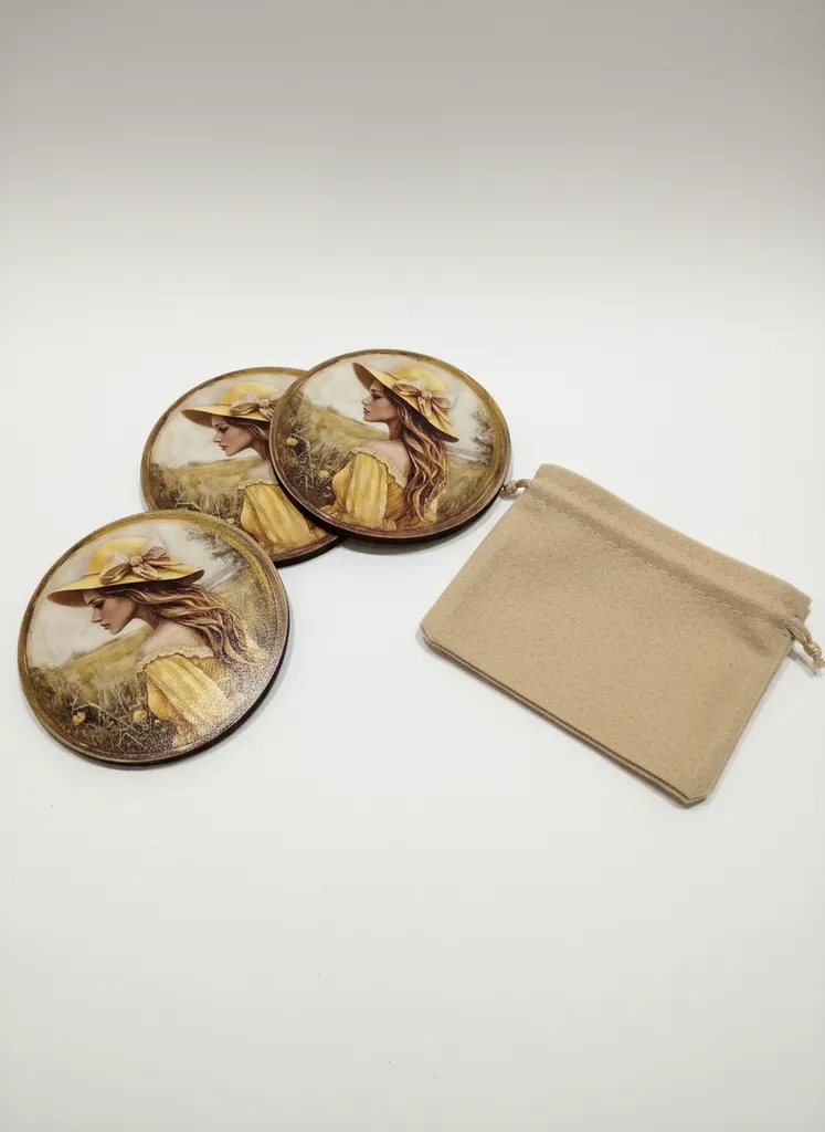 Ahşap Bardak Altlığı - Kadın Portreli, El Yapımı ve Yaldızlı Detaylı