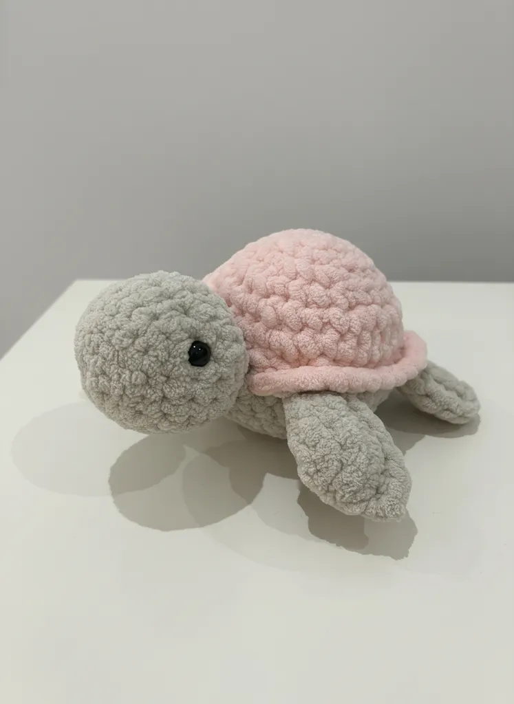 Pembe ve Gri Kadife İpten Örme Kaplumbağa Amigurumi Oyuncak Bebek - El Emeği