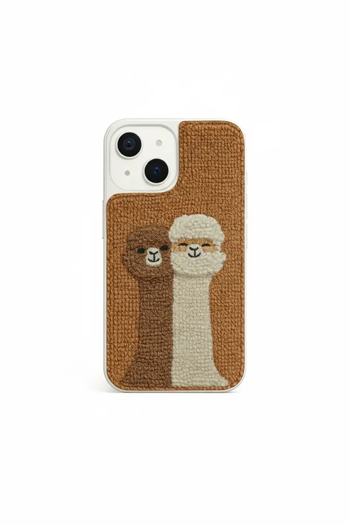 iPhone 14 Plus Uyumlu Kahverengi Lama Desenli Punch El Emeği Telefon Kılıfı