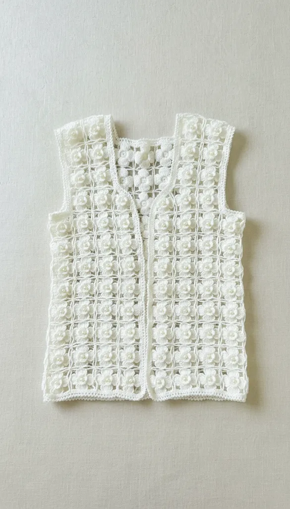 Beyaz Tığ İşi Çiçek Desenli İnci Detaylı Çeyizlik Yelek ve Patik Seti