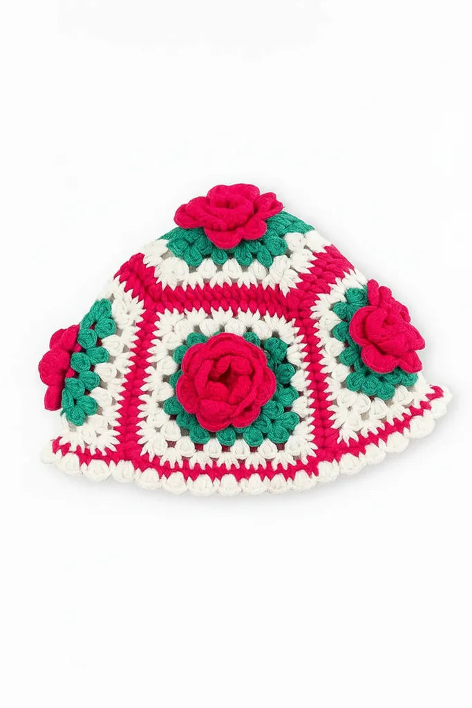 Pembe Güllü Tığ İşi Kız Çocuk Şapkası - El Emeği Örgü