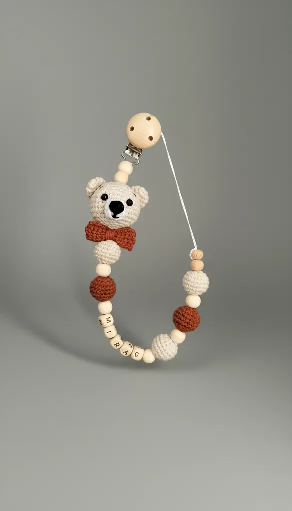 Örme Ayıcık Figürlü İsim Yazılı Emzik Askısı - El Emeği