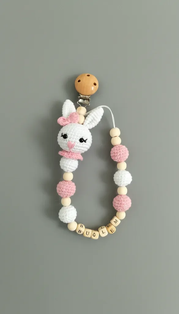 Örgü Tavşan Figürlü Emzik Zinciri - Pembe Detaylı ve İsimli