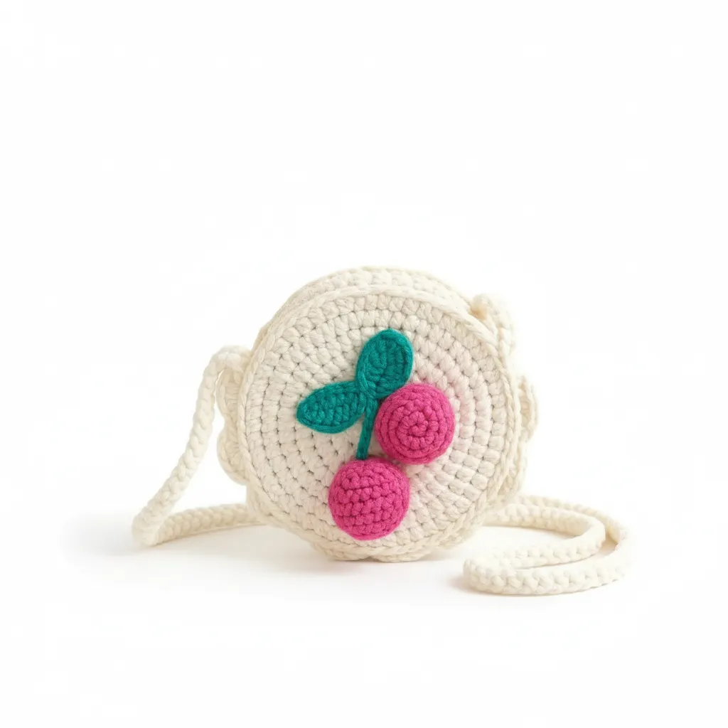 Örgü Çocuk Çantası - Kiraz Desenli, Beyaz Renkli, Omuz Askılı