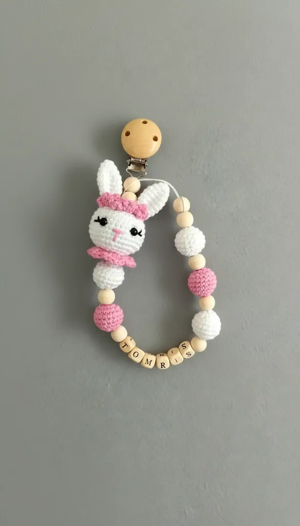 Örgü Tavşan Figürlü Ahşap Boncuklu Emzik Zinciri - El Emeği