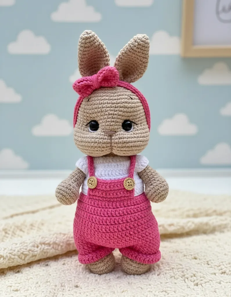 Pink Jumpsuit Amigurumi Rabbit Toy - Cute Handmade Baby