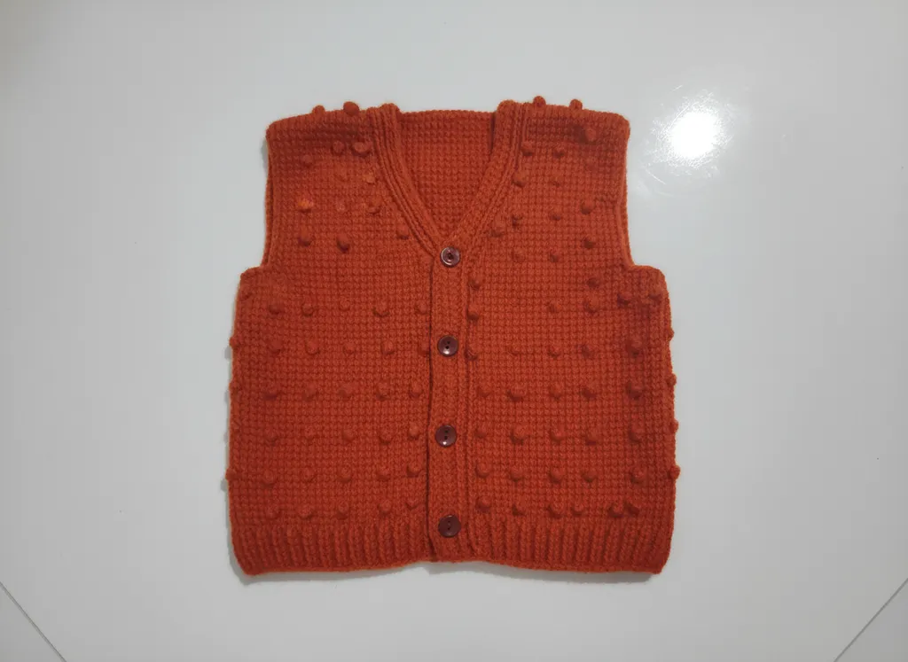 Turuncu Renkli Fıstıklı Tunus İşi Bebek Yeleği (1-2 Yaş) - El Emeği