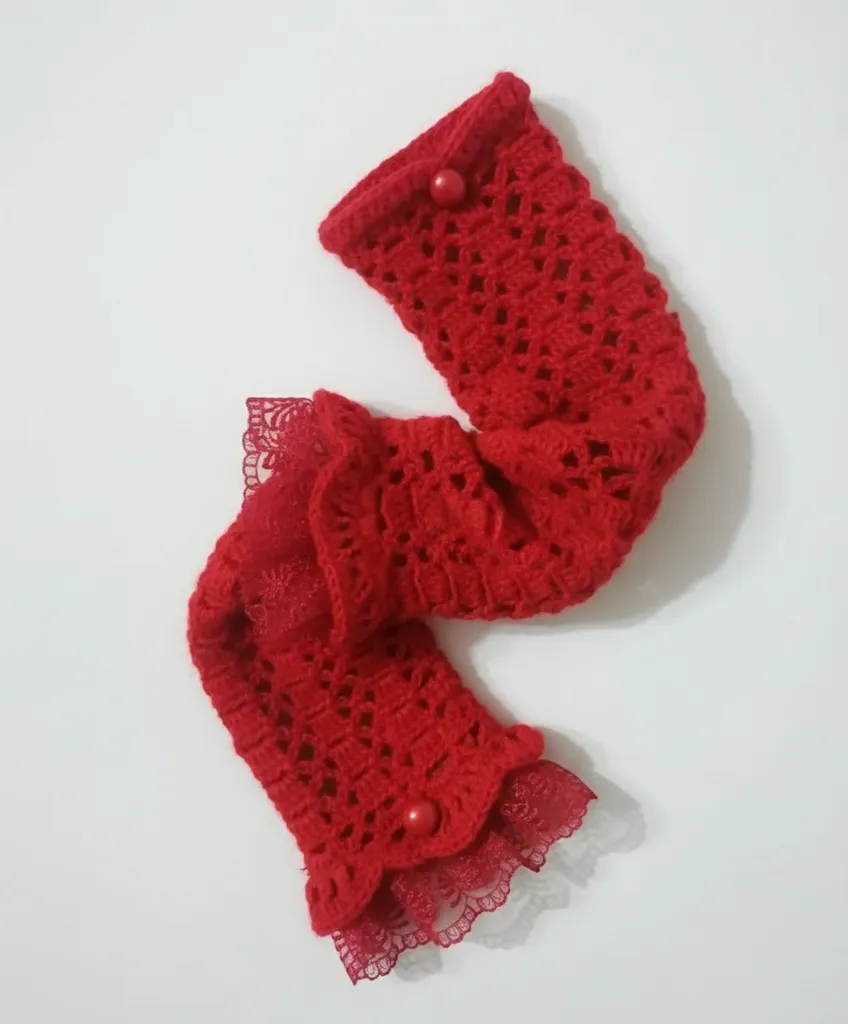 Kırmızı Tiftik İplikten Dantel Detaylı Parmaksız Eldiven/Manşet - El İşi