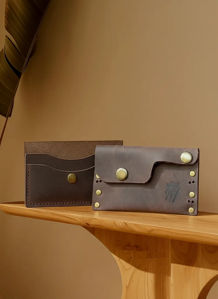 Kahverengi Hakiki Deri El Yapımı Kartlık ve Cüzdan - Vintage Model