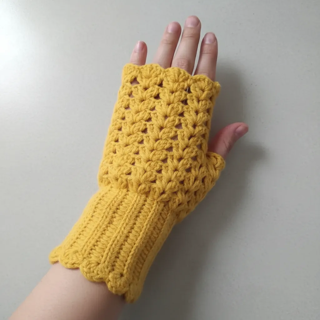 Sarı Renk Örgü Parmaksız Eldiven - Pamuk İpliği El Emeği