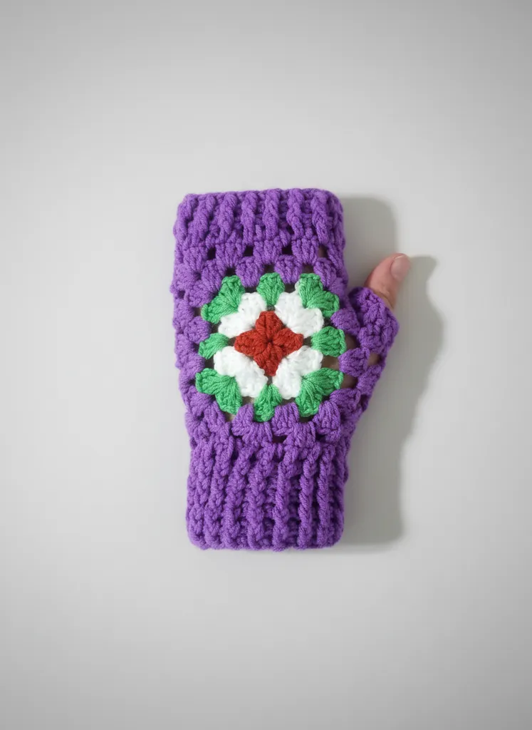 Mor Renkli Motifli Örgü Eldiven - Parmaksız Model - El Emeği