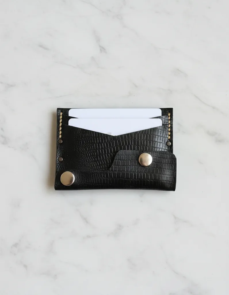 Siyah Timsah Desenli Gerçek Deri El Yapımı Kartlık Cüzdan