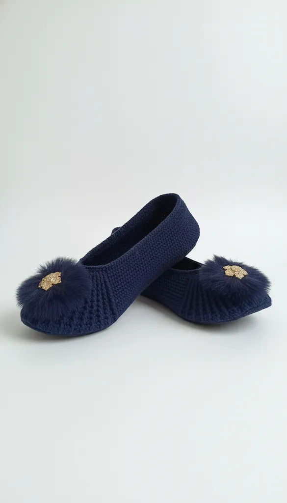 Lacivert Örgü Ev Babeti - Tüy Detaylı, Altın Rengi Aksesuarlı, El Emeği