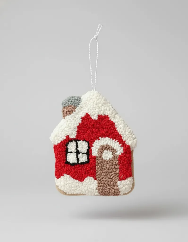 Punch Nakışı Yılbaşı Ağacı Süsü - Kırmızı Ev Tasarımı (El Emeği)