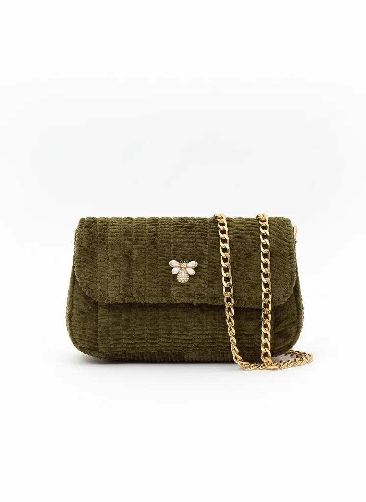 Haki Kadife Kanvas Omuz Çantası - Gold Aksesuarlı Arı Broş Detaylı - El Emeği
