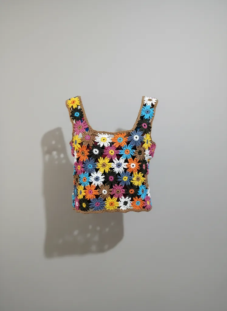 Renkli Çiçek Desenli Örgü Crop Top - El Emeği Yazlık Bluz