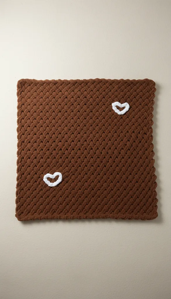 Kahverengi Örgü Bebek Battaniyesi - Kalp Detaylı Yumuşacık El Emeği