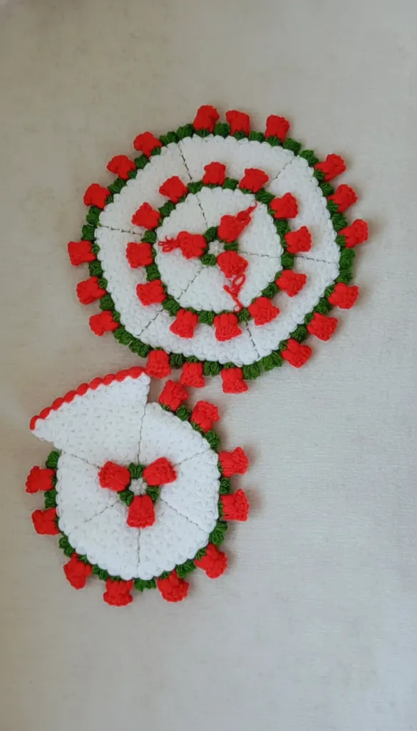 Kırmızı Çiçek Detaylı Örgü Banyo Lifi İkili Takım - El Emeği