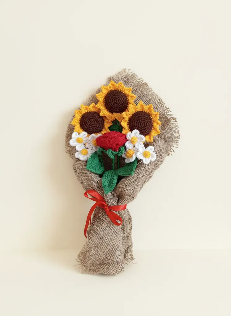 Örgü Ayçiçeği, Gül ve Papatya Buketi - Jüt İp ile Bağlı 30 cm