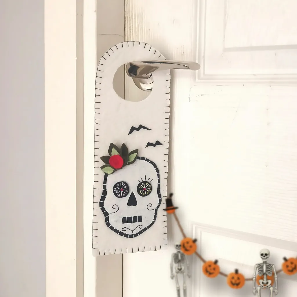 Beyaz Keçe Kurukafa Desenli Kapı Kolu Süsü ve Şeker Çantası