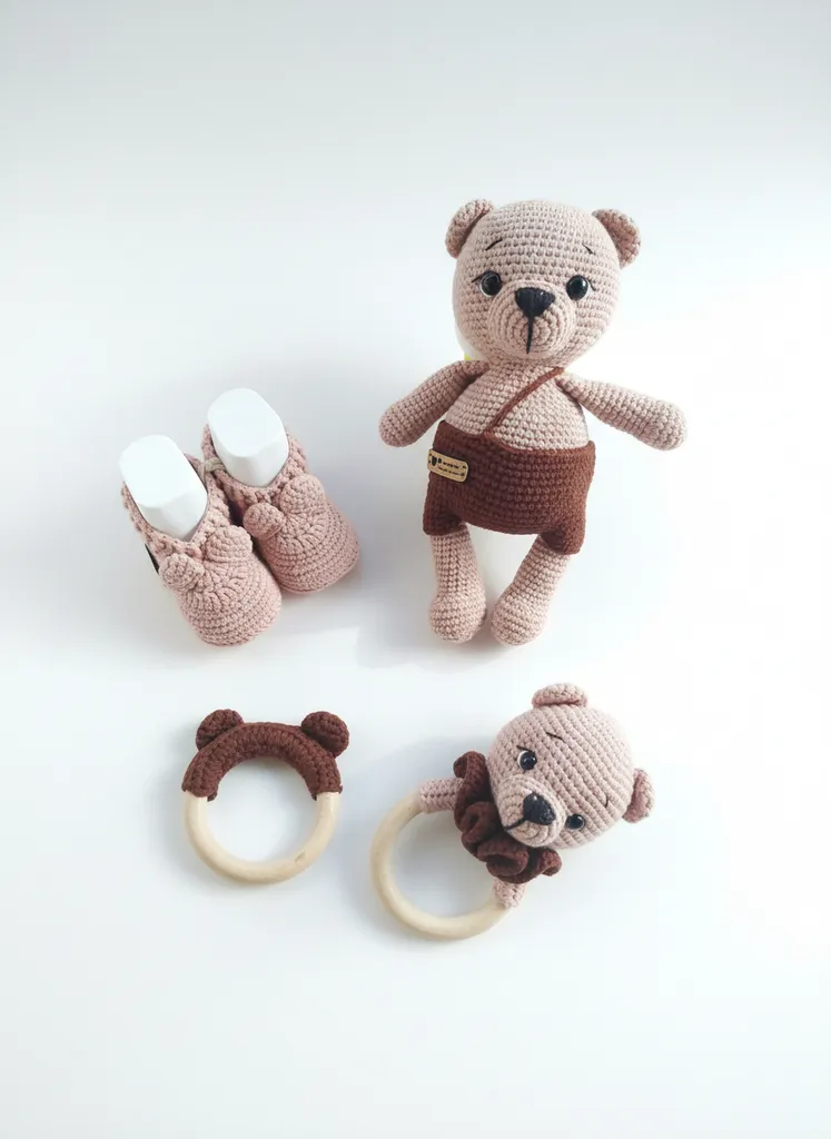Örgü Oyuncak Ayıcık Bebek Seti (4 Parça) - Diş Kaşıyıcı ve Çıngıraklı