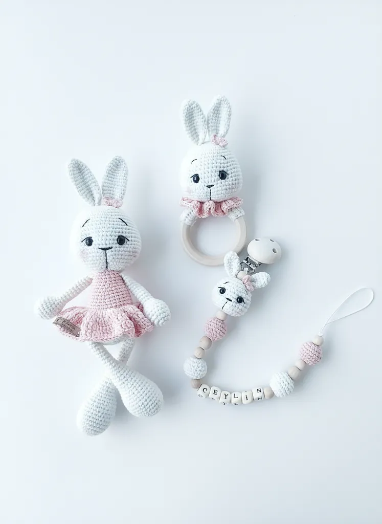 Lena Tavşan Oyuncak Seti - Çıngırak ve Emzik Askısı (3'lü Set)