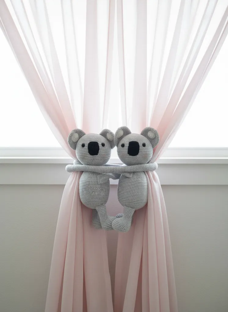 Gri Örgü Koala Oyuncak Perde Tutucu - Çift Paket El Emeği