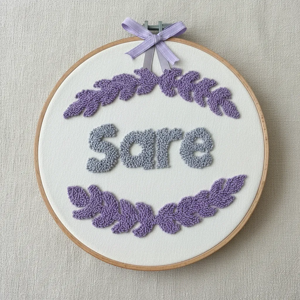 Punch Needle Name Door Hanger - Purple Lavender Flower Motif - Handmade