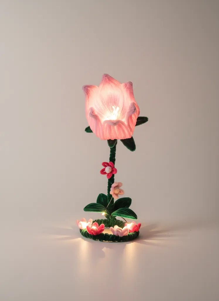 Pembe Çiçek Tasarımlı Şönil Gece Lambası - Dekoratif Aydınlatma