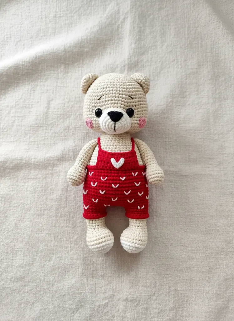 Knitted Amigurumi Bear - Red Dungarees, Handmade with 100% Cotton Yarn