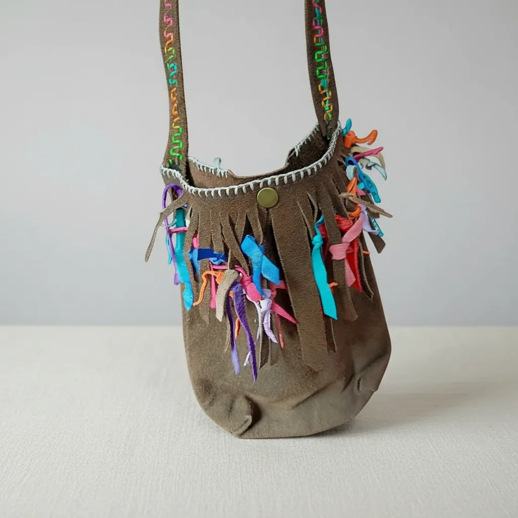 Kahverengi Süet Deri Bohem Çanta Püsküllü ve Renkli Detaylı Tasarım