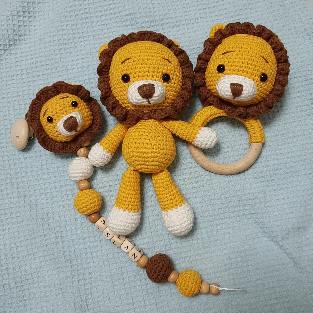 Örgü Aslan Bebek Oyuncak ve Çıngırak Seti - Yenidoğan Hediyesi
