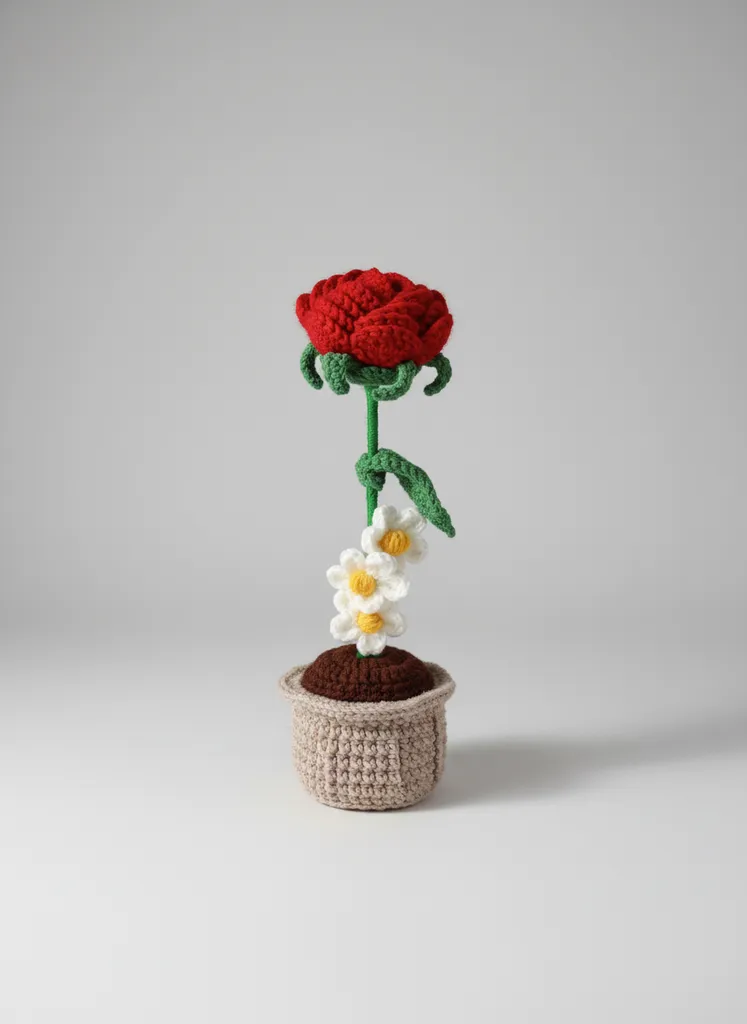 Kırmızı Gül ve Papatyalı Örgü Saksı - Dekoratif El Emeği