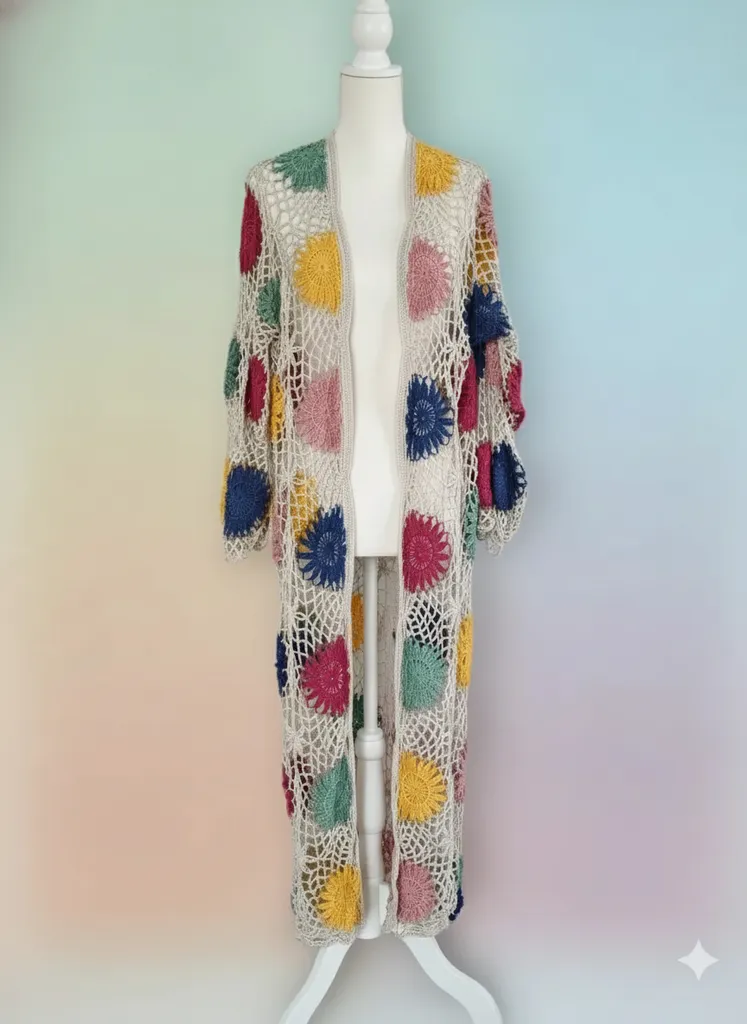 Renkli Çiçek Desenli Örgü Kadın Uzun Hırka - Bohem Tarzı