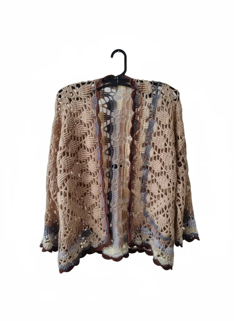 Bej Karpuz Kollu Yaprak Motifli Triko Kadın Hırka - El Örgüsü