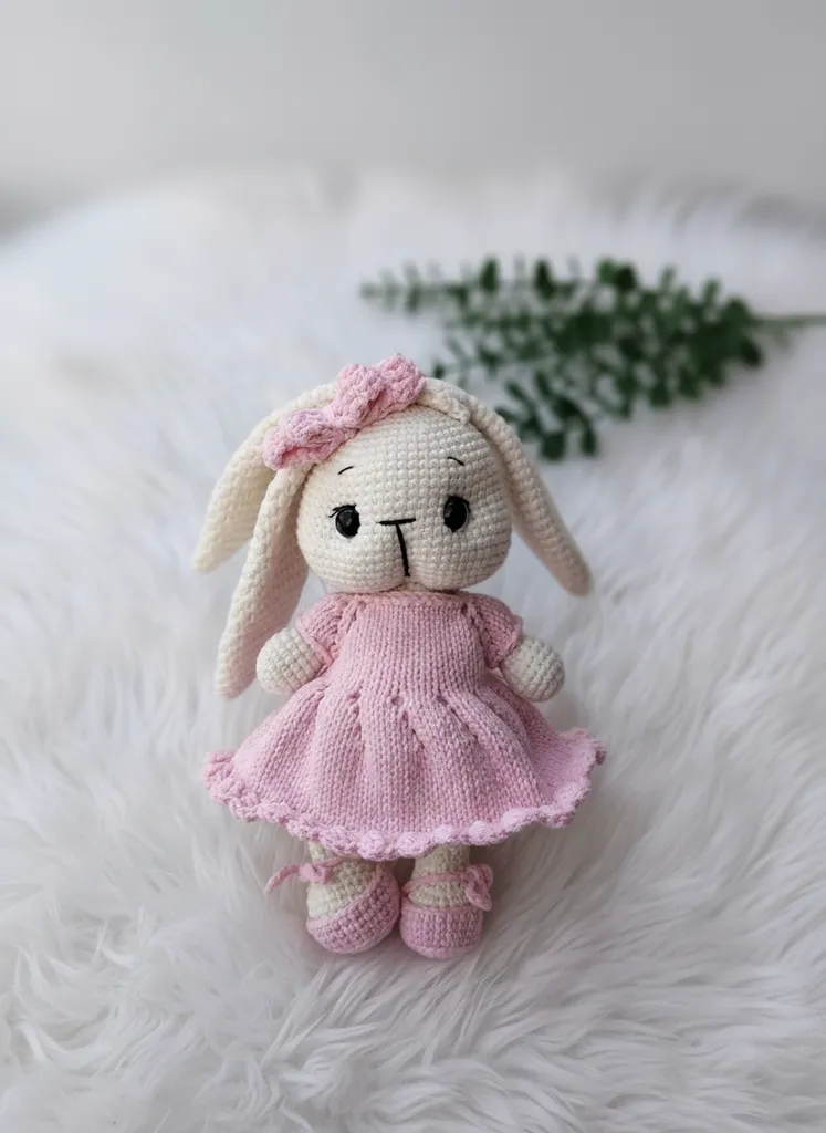 Pembe El Örmesi El Yapımı Amigurumi Tavşan Oyuncak Bebek 24 cm