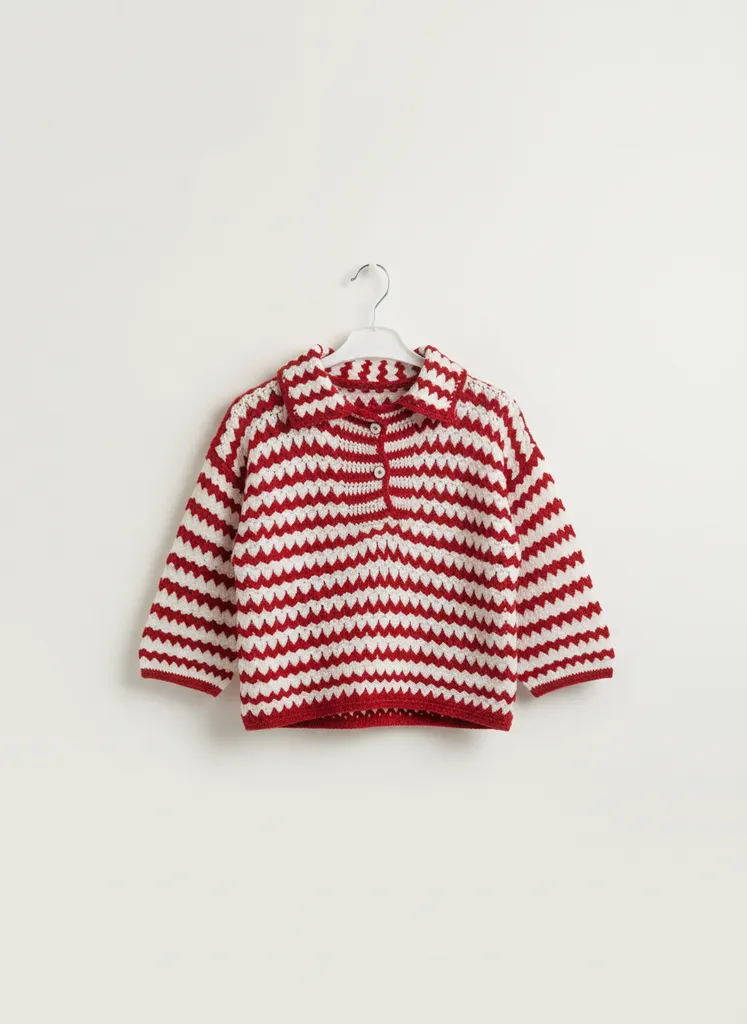 Kadın Kırmızı Beyaz Zigzag Desenli Polo Yaka Örgü Crop Bluz