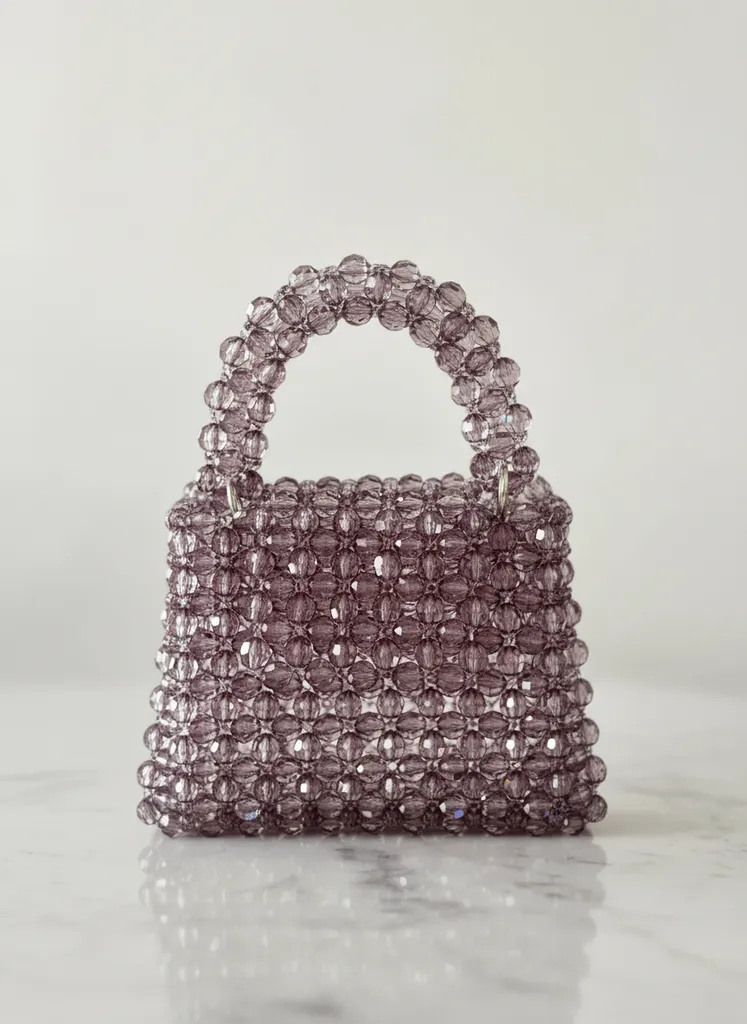 Leylak Rengi Boncuklu Mini Çanta - Kristal Taşlı El Yapımı