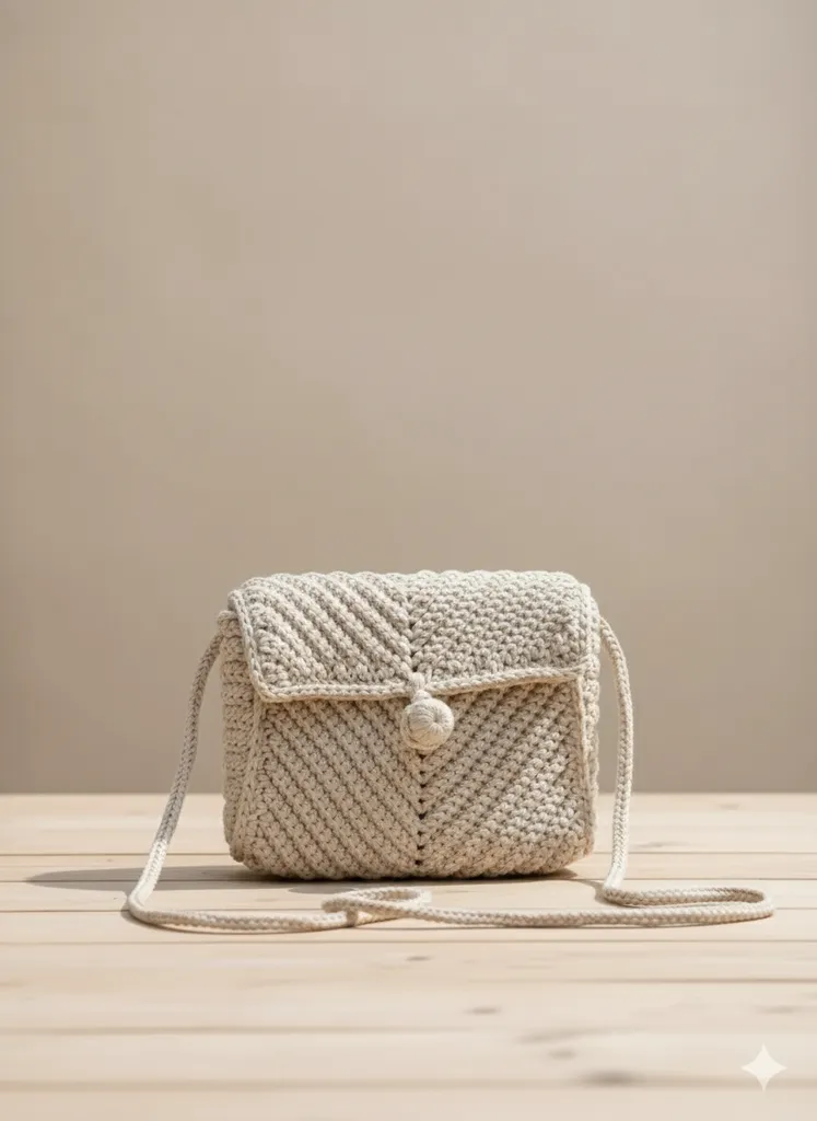 Krem Renkli Örgü Omuz Çantası - Kare Model - El Yapımı