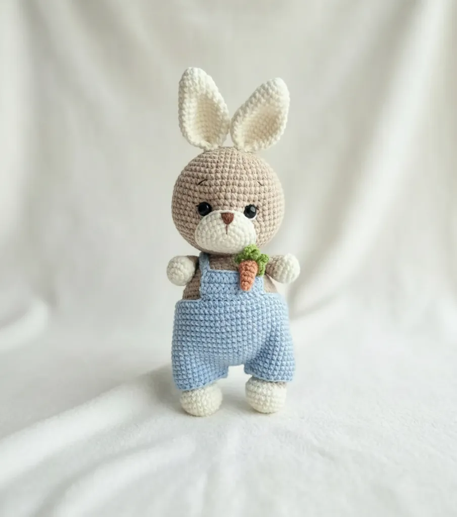 Mavi Tulumlu Örgü Tavşan Bebek Oyuncak - Amigurumi El Emeği