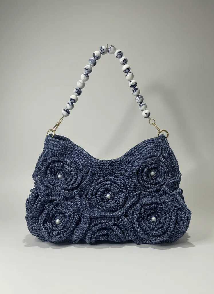 Lacivert Makrome İpten Örme Çanta - İnci Detaylı ve Boncuklu Saplı