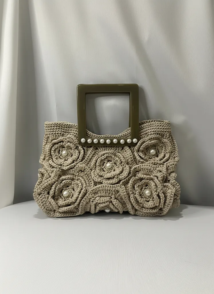Bej Rengi Örgü Çanta - İnci Detaylı, Kare Saplı, El Emeği